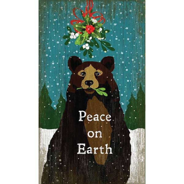 Brown or black bear in the snow; text is Peace on Earth; vintage wood sign