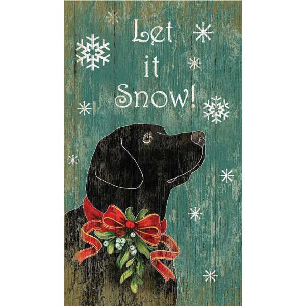 Black Labrador Retriever watching it snow; Let It Snow!; vintage wood sign