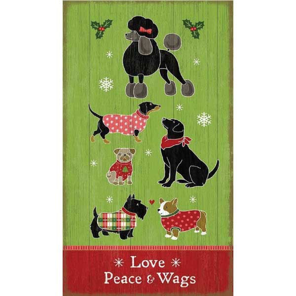 wood sign with images of dogs and the text Love Peace & Wags; holiday wall art
