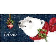 Christmas Polar Bear with red scarf and the word "Believe"; Christmas tree ordainment with snow falling in background