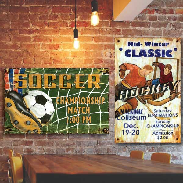 sports bar wall with hockey and soccer wall decorations