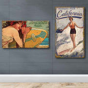 two vintage wood signs with surfer girls; florida and california; old wood signs