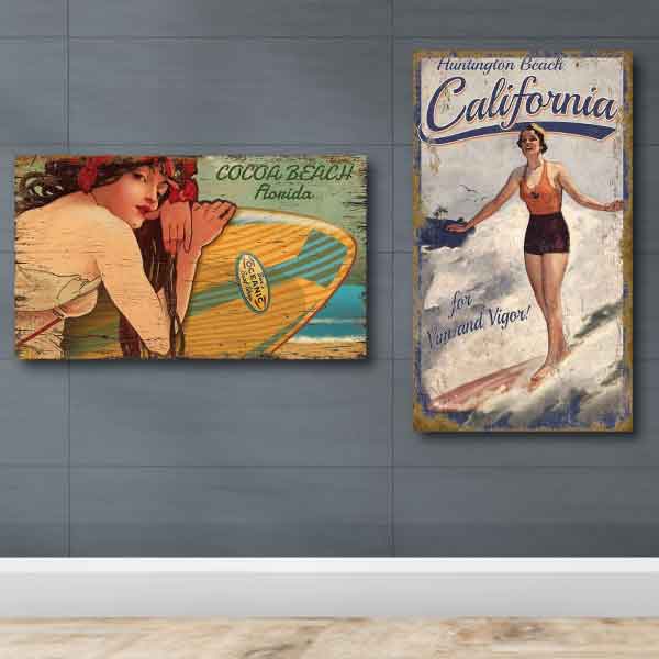 two vintage surfing girls; old wood signs; personalize
