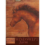 vintage-style wood sign of horse with text Wind Swept farm circa 1847