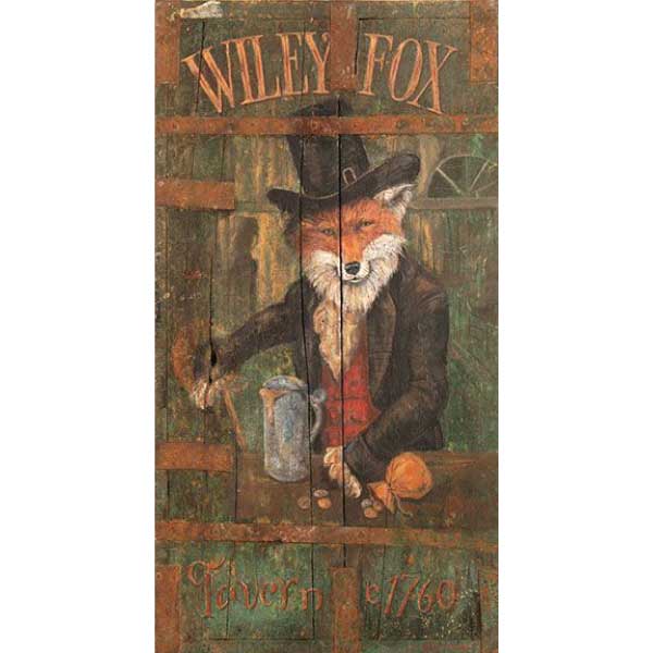 Image of a well dressed fox at the Wiley Fox Tavern c. 1760; vintage wood sign