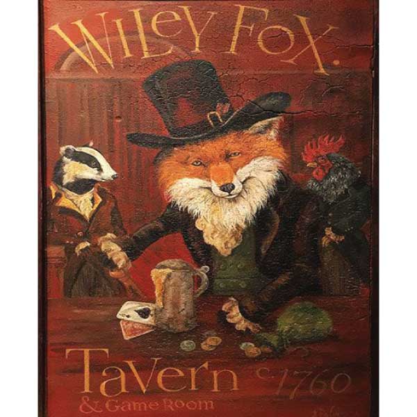 Red toned vintage wood sign with elegantly dressed fox at a tavern c 1760