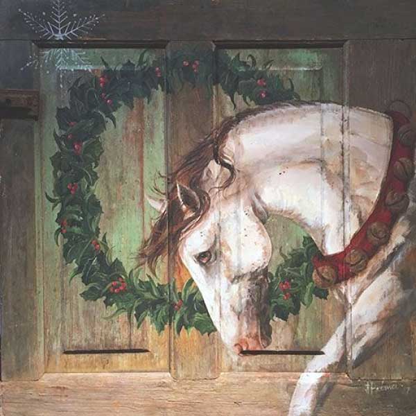 white horse painted on a board with a christmas wreath and snowflake; old wood sign
