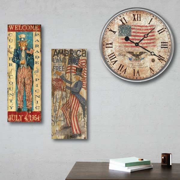 Three patriotic vintage wall art; Uncle Sam and the USA Flag