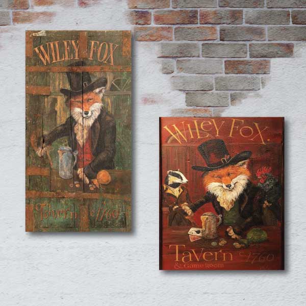 Two Wiley Fox Tavern vintage wood signs hung on a exposed brick wall