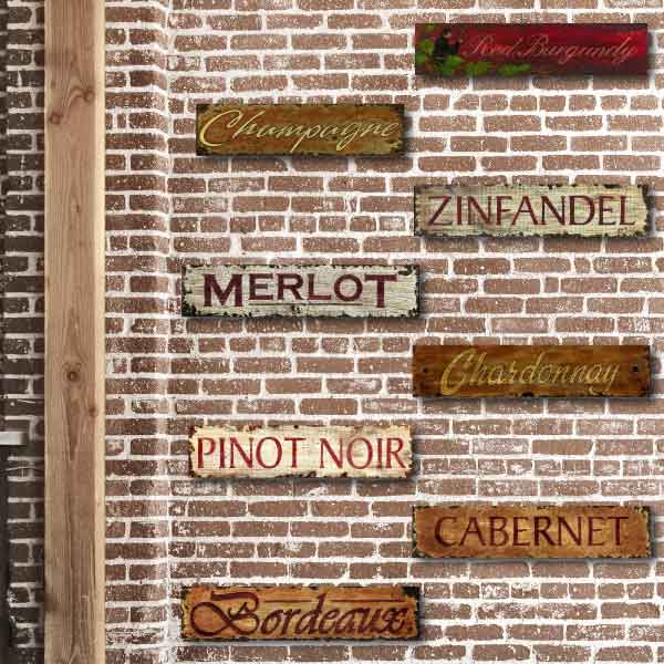 Brick wall with wood signs of eight wine varietals 