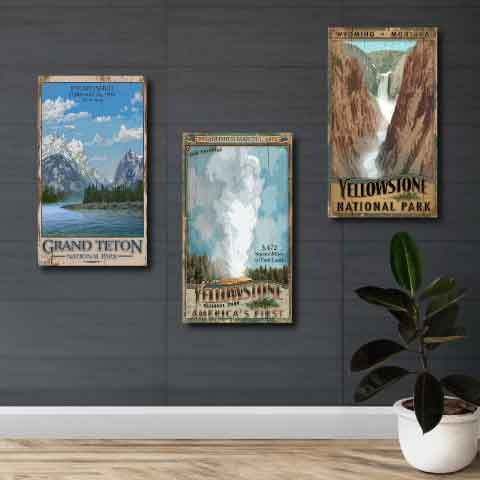 National Park vintage signs for Yellowstone, Grand Teton, and Old Faithful in Yellowstone National Park