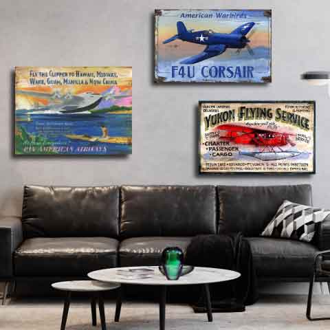 F4U Corsair, Pan Am Clipper, and Float plane on living room wall