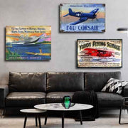 Yukon Flying Service, Pan Am Clipper and Corsair vintage signs above couch